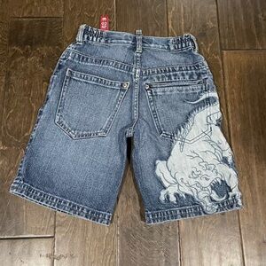 Vtg JNCO baggy denim shorts boys sz 7 (22x8) dinosaur embroidered